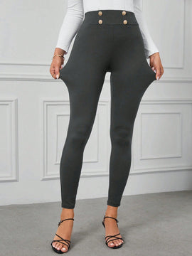 Clasi pantalones pitillo de cintura alta con detalle de botones, alta elasticidad