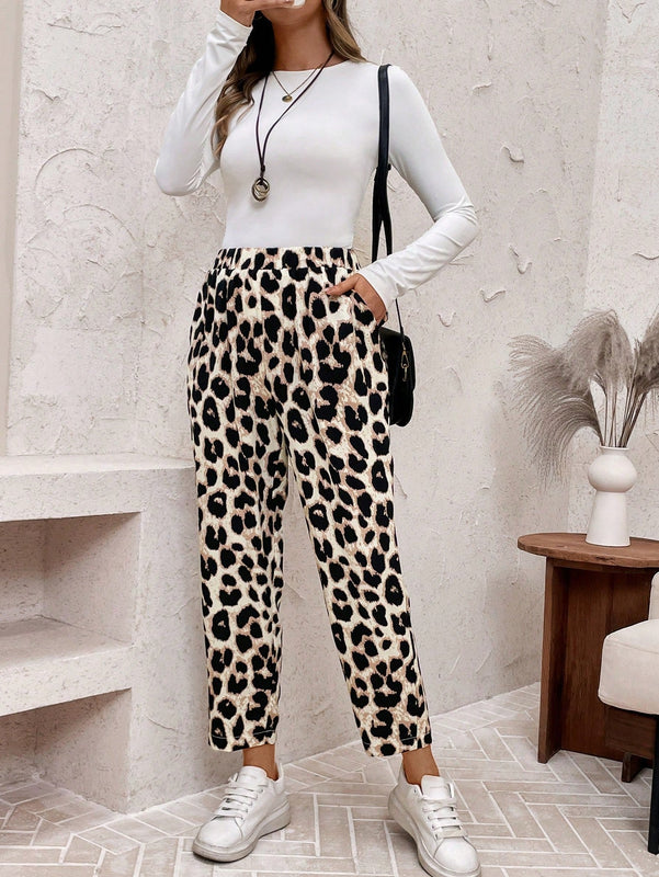 Emery rose pantalones tobilleros elasticos de cintura alta en unicolor informales para mujeres