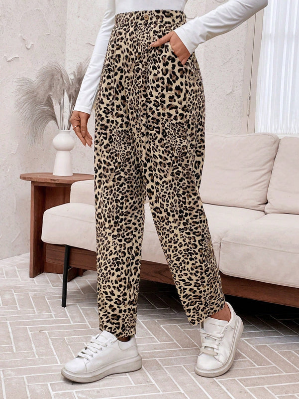 Emery rose pantalones acampanados y sueltos con bolsillos y estampado de leopardo para mujer