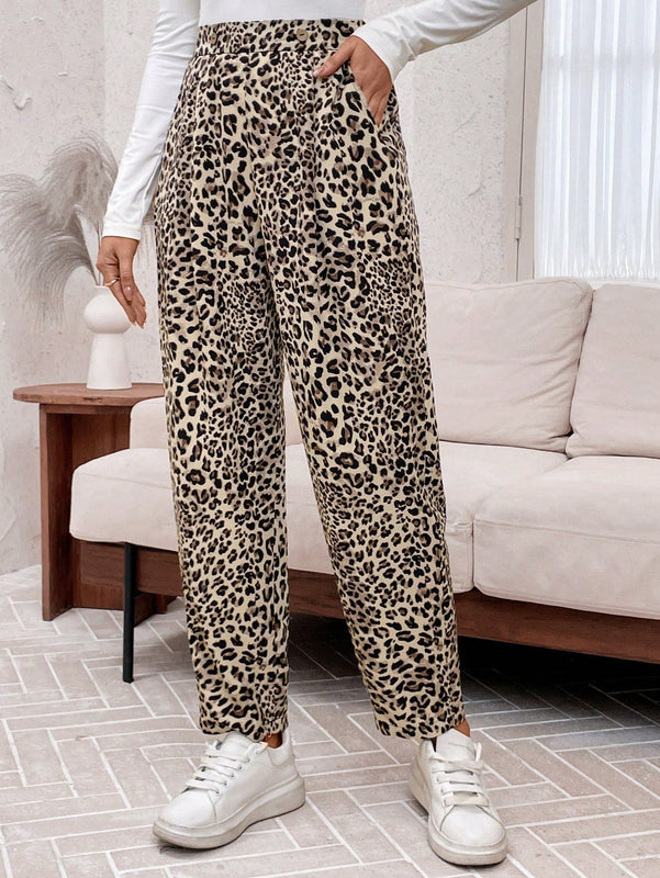 Emery rose pantalones acampanados y sueltos con bolsillos y estampado de leopardo para mujer