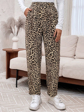 Emery rose pantalones acampanados y sueltos con bolsillos y estampado de leopardo para mujer