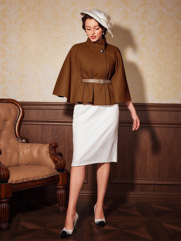 Vintamour abrigo capa elegante con cuello de pie de unicolor para mujer, para otono/invierno