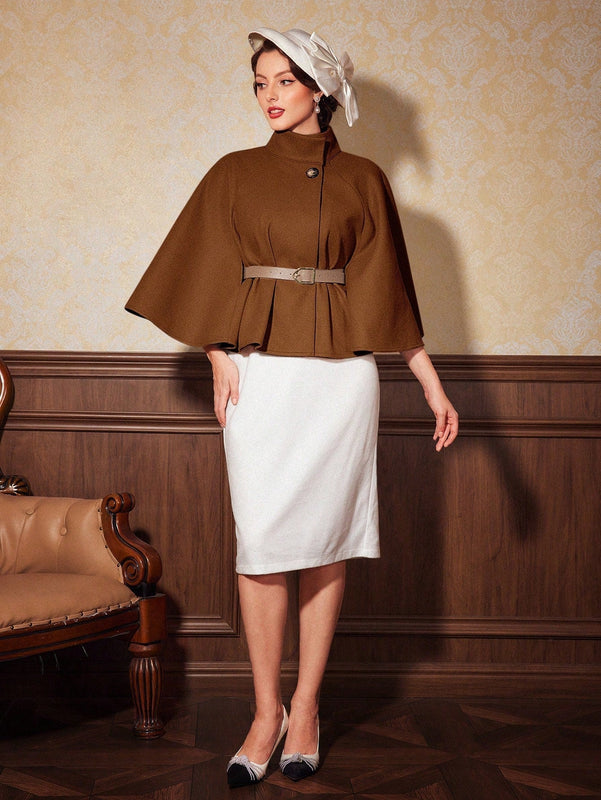 Vintamour abrigo capa elegante con cuello de pie de unicolor para mujer, para otono/invierno