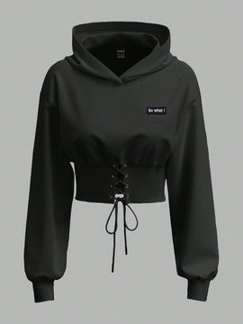 Ezwear sudadera con capucha de mujer color verde oliva con estampado de letras y amarre cruzado al frente