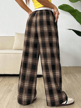 Ezwear pantalones de cuadritos con contraste de color en la cintura, nuevos para mujer en temporada de otono