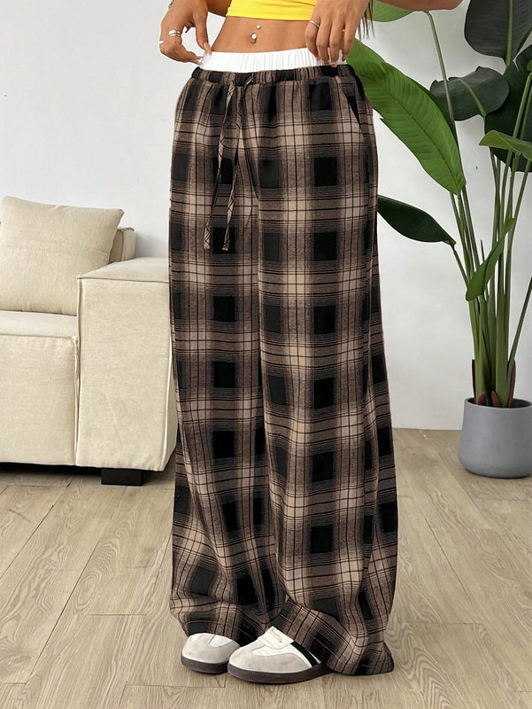 Ezwear pantalones de cuadritos con contraste de color en la cintura, nuevos para mujer en temporada de otono