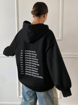 Dazy sudadera holgada con capucha estampado de letras y hombros caidos, informal, color negro, para mujer