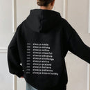 Dazy sudadera holgada con capucha estampado de letras y hombros caidos, informal, color negro, para mujer