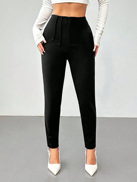Petite nuevos pantalones de trabajo de mujer de cintura alta con pliegues delgados de 3/4, de color liso y sencillo para el otono y el invierno