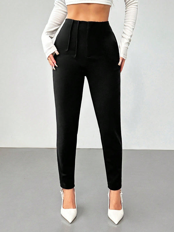 Petite nuevos pantalones de trabajo de mujer de cintura alta con pliegues delgados de 3/4, de color liso y sencillo para el otono y el invierno