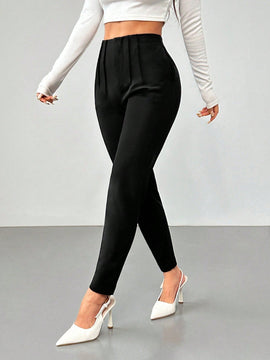 Petite nuevos pantalones de trabajo de mujer de cintura alta con pliegues delgados de 3/4, de color liso y sencillo para el otono y el invierno