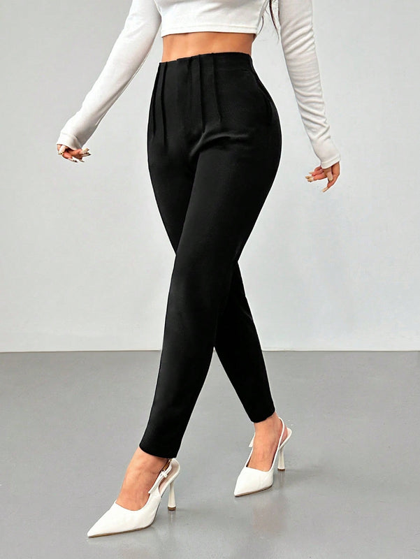 Petite nuevos pantalones de trabajo de mujer de cintura alta con pliegues delgados de 3/4, de color liso y sencillo para el otono y el invierno