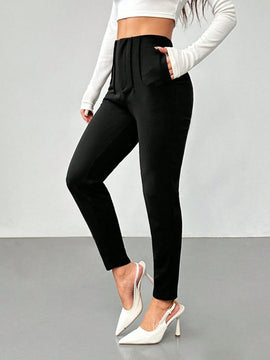 Petite nuevos pantalones de trabajo de mujer de cintura alta con pliegues delgados de 3/4, de color liso y sencillo para el otono y el invierno