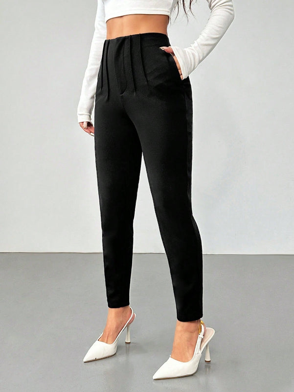 Petite nuevos pantalones de trabajo de mujer de cintura alta con pliegues delgados de 3/4, de color liso y sencillo para el otono y el invierno