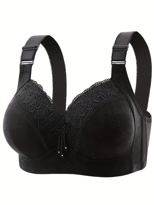Sujetador de encaje de lujo de 3 piezas sin aros con pechos cerrados lateralmente y pechos grandes con ropa interior de plastico menor.