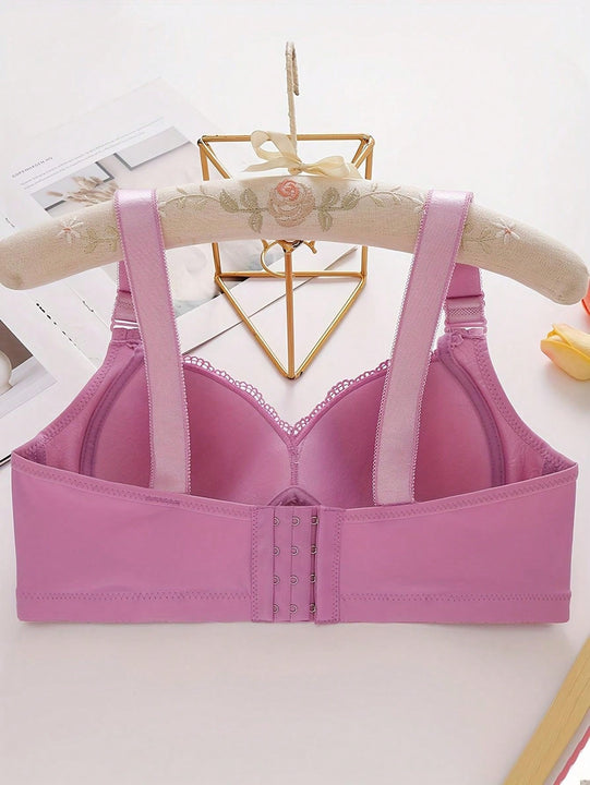 Sujetador de encaje de lujo de 3 piezas sin aros con pechos cerrados lateralmente y pechos grandes con ropa interior de plastico menor.