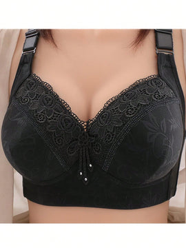 Sujetador de encaje de lujo de 3 piezas sin aros con pechos cerrados lateralmente y pechos grandes con ropa interior de plastico menor.