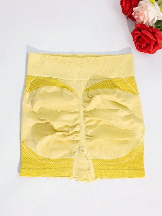 1 pieza shorts de yoga de cintura alta sin costuras amarillos, shorts comodos y transpirables con control de abdomen y levantamiento