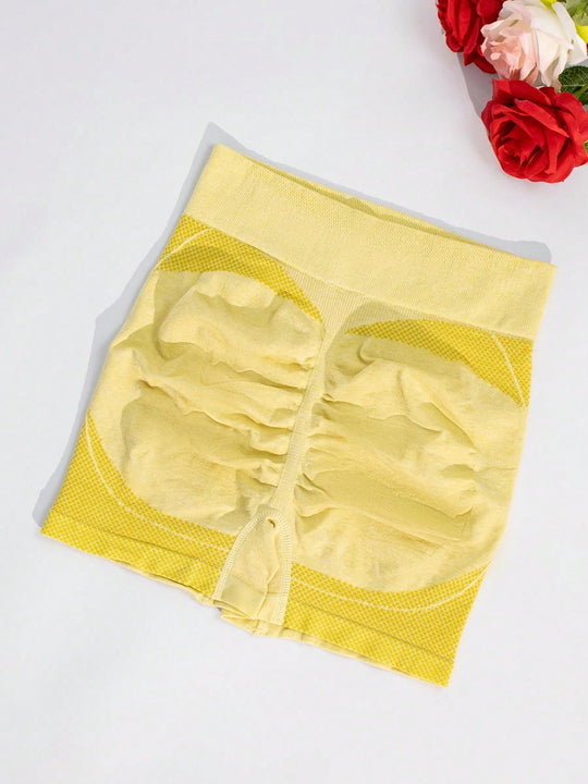 1 pieza shorts de yoga de cintura alta sin costuras amarillos, shorts comodos y transpirables con control de abdomen y levantamiento