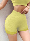 1 pieza shorts de yoga de cintura alta sin costuras amarillos, shorts comodos y transpirables con control de abdomen y levantamiento