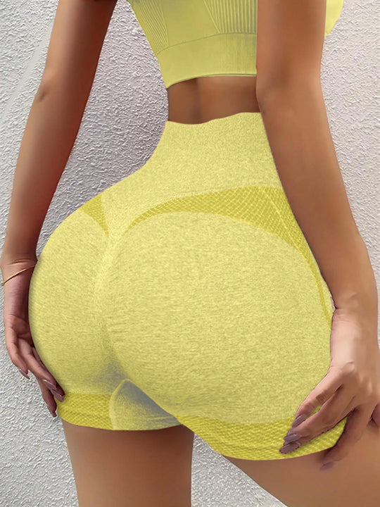1 pieza shorts de yoga de cintura alta sin costuras amarillos, shorts comodos y transpirables con control de abdomen y levantamiento