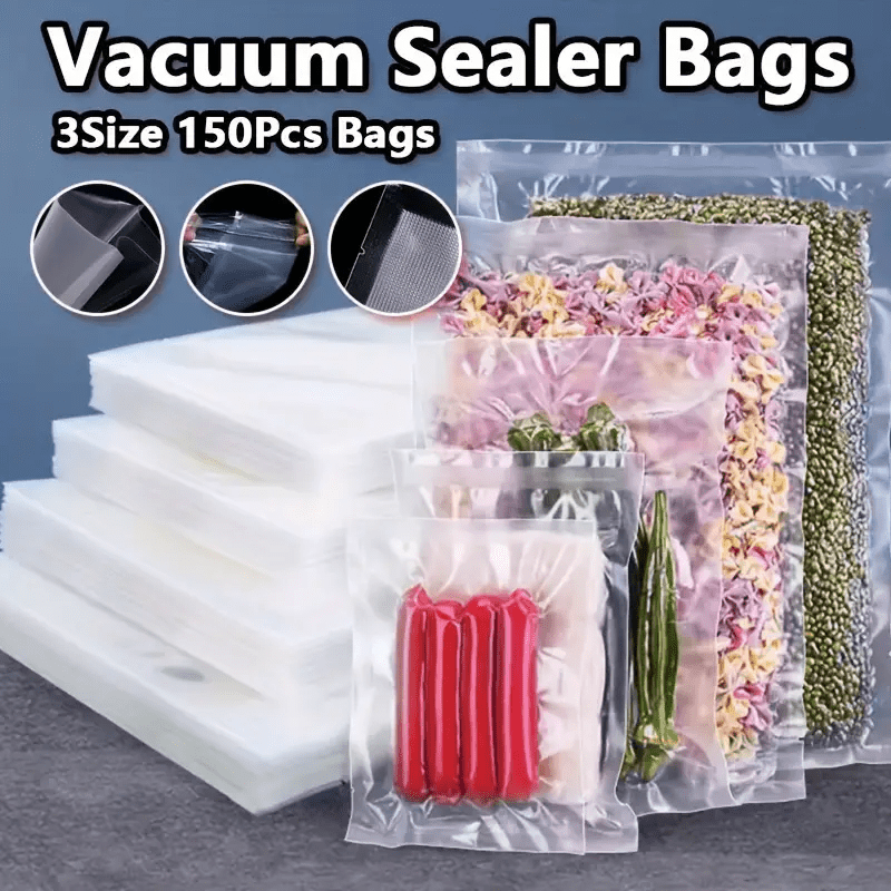 Juego de 150 bolsas selladoras al vacío, multiusos para almacenar alimentos, sin BPA, reutilizables, variedad de tamaños grande, mediano y pequeño, bolsas sellables para sous vide, congelador y organización de despensa, no requiere electricidad
