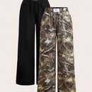 Ezwear set de 2 pantalones de pierna ancha con estampado de hoja de arce y negro para mujer