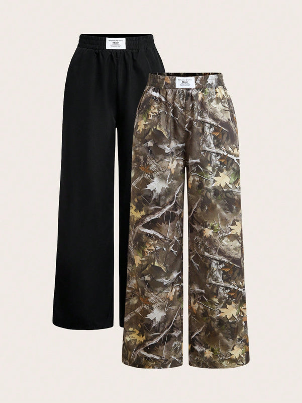 Ezwear set de 2 pantalones de pierna ancha con estampado de hoja de arce y negro para mujer
