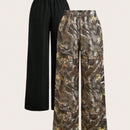 Ezwear set de 2 pantalones de pierna ancha con estampado de hoja de arce y negro para mujer