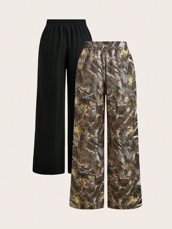 Ezwear set de 2 pantalones de pierna ancha con estampado de hoja de arce y negro para mujer