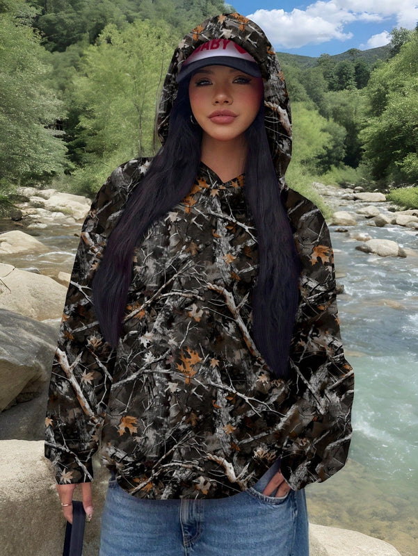 Ezwear sudadera con capucha informal con estampado de paisaje y letras oversize para otono e invierno