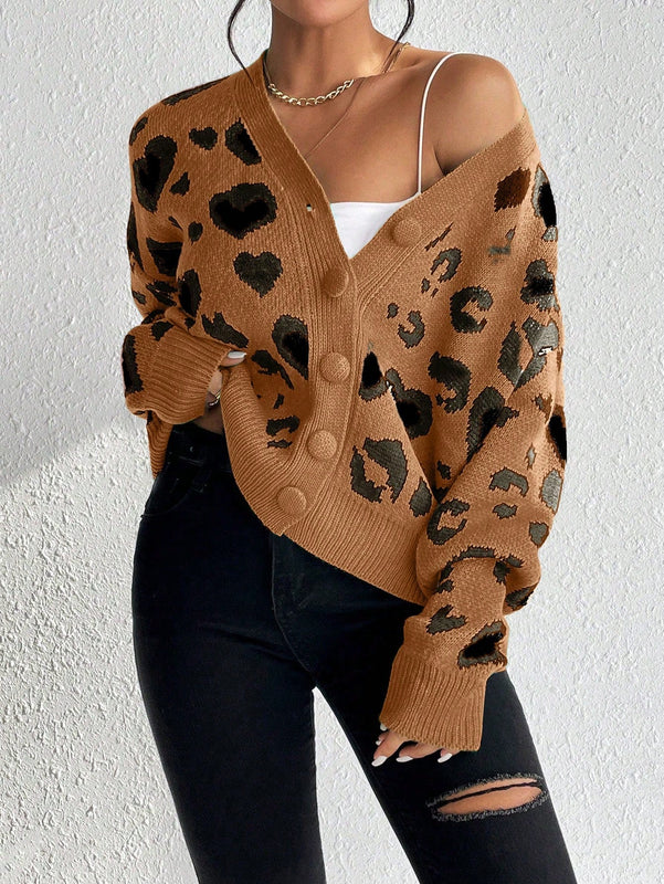Essnce cardigan de manga larga con hombros caidos y estampado de leopardo para mujer, otono/invierno