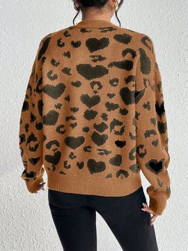 Essnce cardigan de manga larga con hombros caidos y estampado de leopardo para mujer, otono/invierno