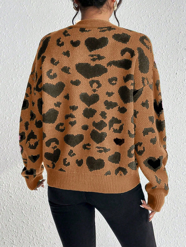 Essnce cardigan de manga larga con hombros caidos y estampado de leopardo para mujer, otono/invierno
