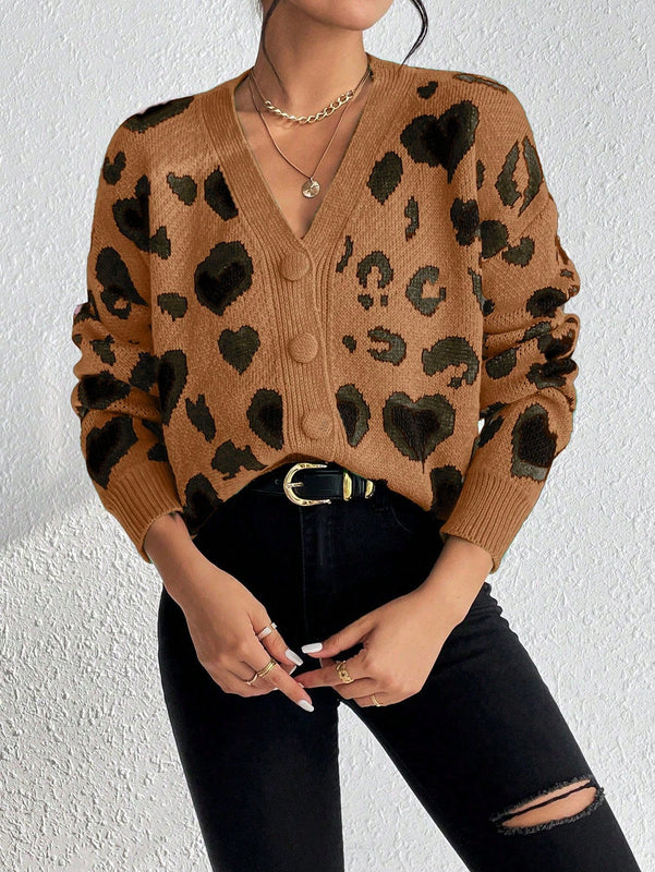 Essnce cardigan de manga larga con hombros caidos y estampado de leopardo para mujer, otono/invierno