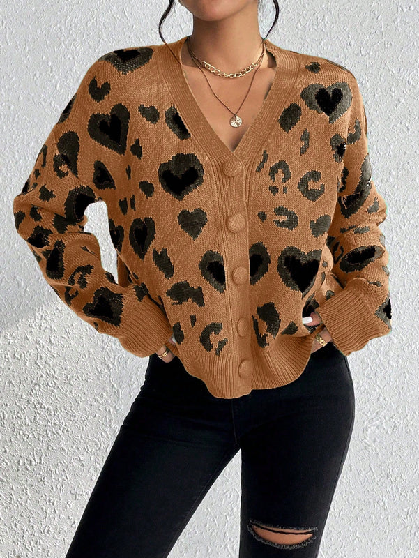 Essnce cardigan de manga larga con hombros caidos y estampado de leopardo para mujer, otono/invierno