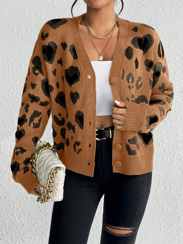 Essnce cardigan de manga larga con hombros caidos y estampado de leopardo para mujer, otono/invierno
