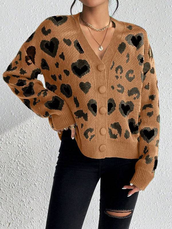 Essnce cardigan de manga larga con hombros caidos y estampado de leopardo para mujer, otono/invierno