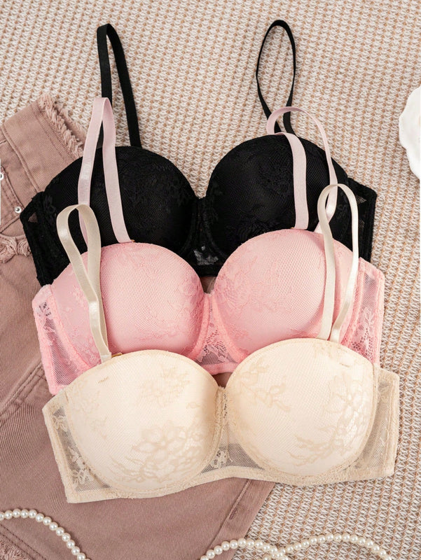 Set de 3 piezas de ropa interior de mujer de unicolor con encaje y acolchado comodo