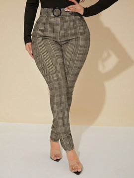 Sxy pantalones con cinturon de tela escocesa de talle alto sexy