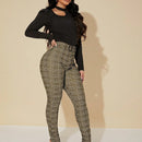 Sxy pantalones con cinturon de tela escocesa de talle alto sexy