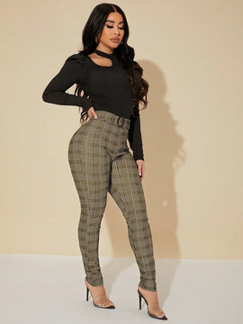 Sxy pantalones con cinturon de tela escocesa de talle alto sexy