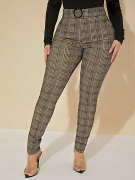 Sxy pantalones con cinturon de tela escocesa de talle alto sexy