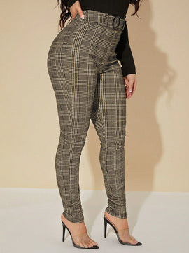 Sxy pantalones con cinturon de tela escocesa de talle alto sexy