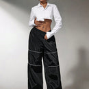 Sxy pantalones de pierna ancha con elastico en la cintura y estampado a rayas de color contrastante