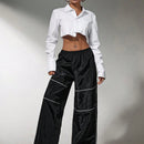 Sxy pantalones de pierna ancha con elastico en la cintura y estampado a rayas de color contrastante