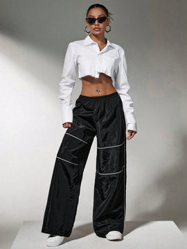 Sxy pantalones de pierna ancha con elastico en la cintura y estampado a rayas de color contrastante