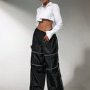 Sxy pantalones de pierna ancha con elastico en la cintura y estampado a rayas de color contrastante