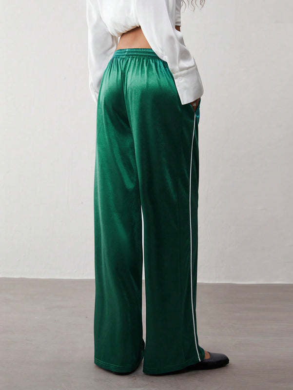 Trndy pantalones casuales de mujer con cintura elastica y rayas laterales de estilo retro