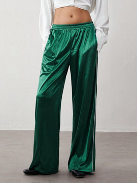 Trndy pantalones casuales de mujer con cintura elastica y rayas laterales de estilo retro